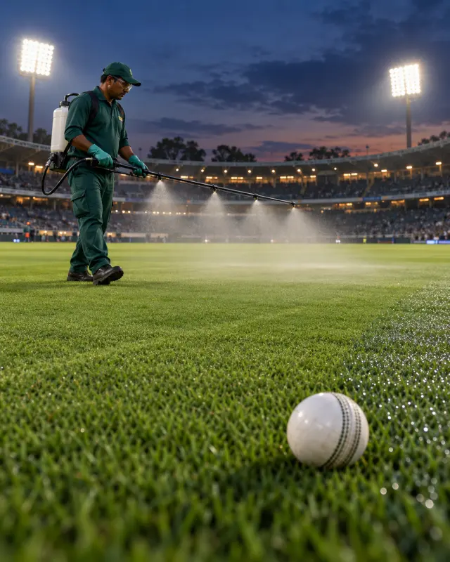 Cricket curator applying an anti-dew treatment to an evening outfield while a dry cricket ball rests on the treated turf