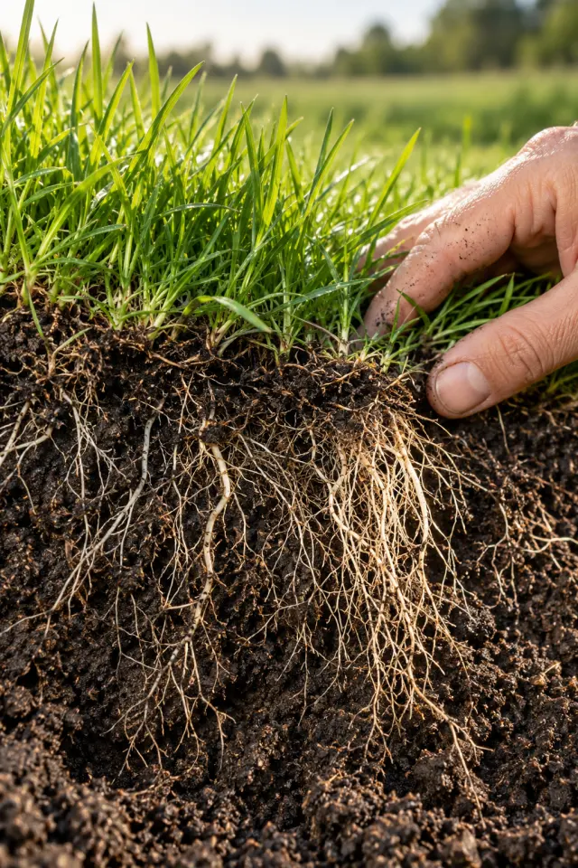Healthy turf roots growing through rich organic soil